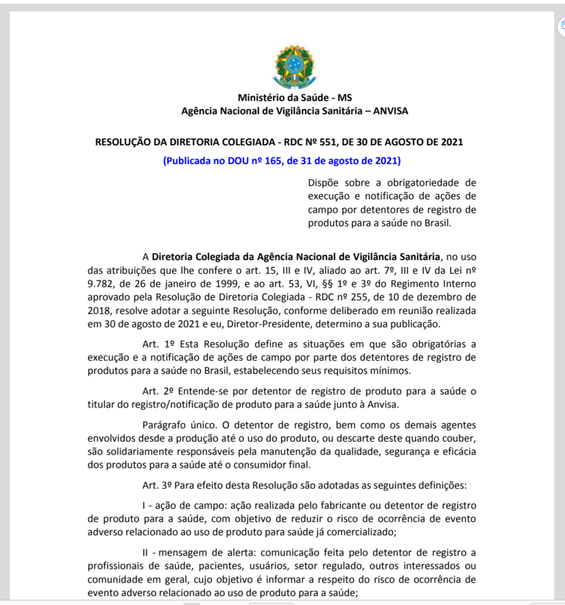 （ポルトガル語版オリジナル）：ANVISA ブラジルにおける医療機器登録保有者による現地活動の必須実施要件